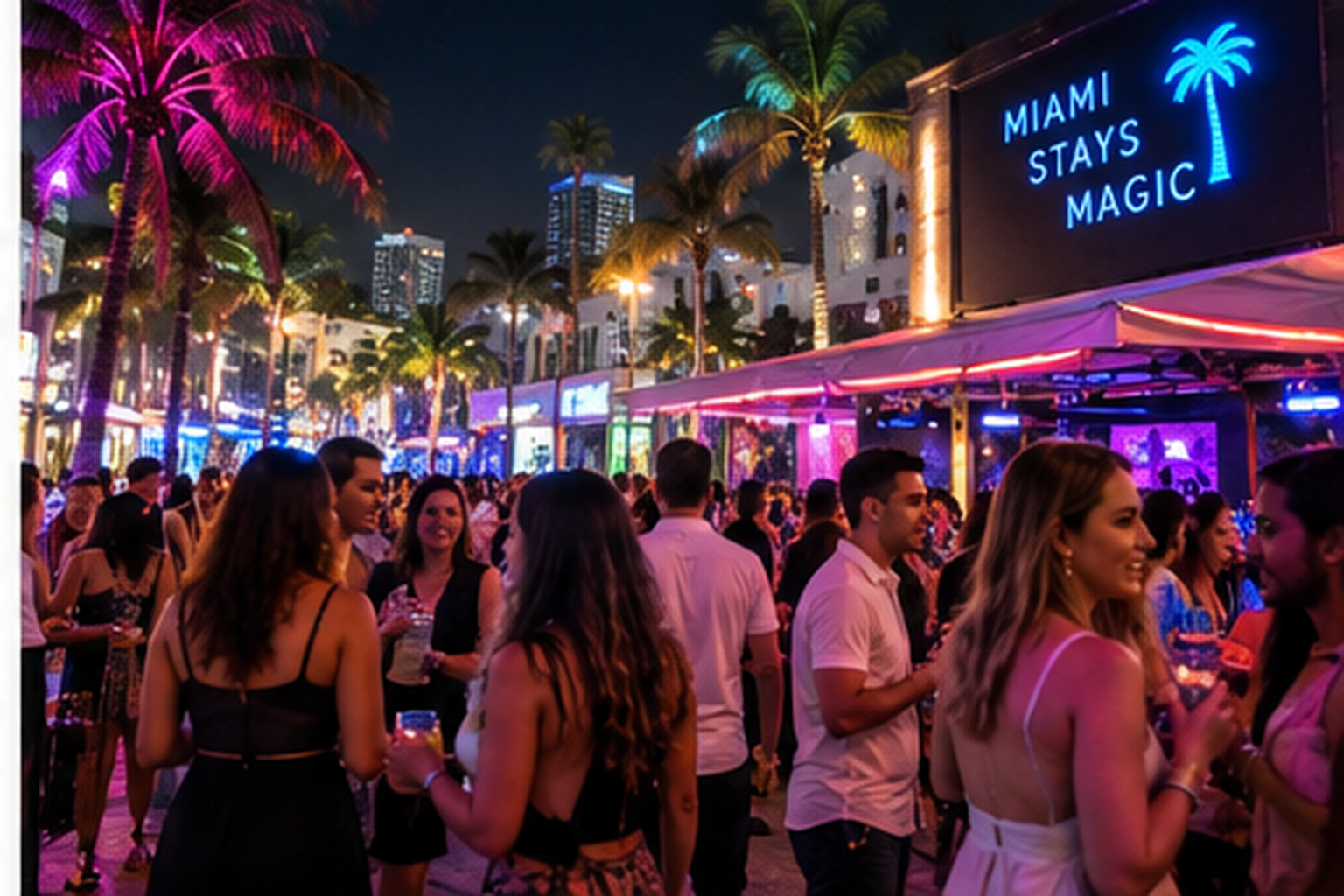 Lively Miami nightlife with neon lights palm trees music and crowds after dark