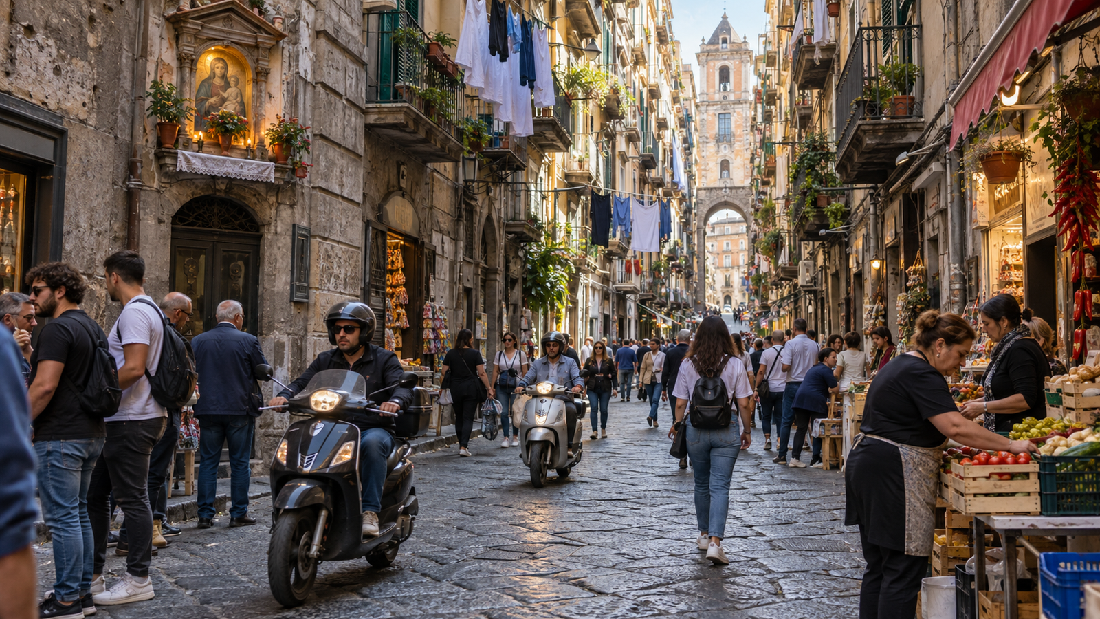 Scooters and pedestrians sharing a narrow street in historic Naples