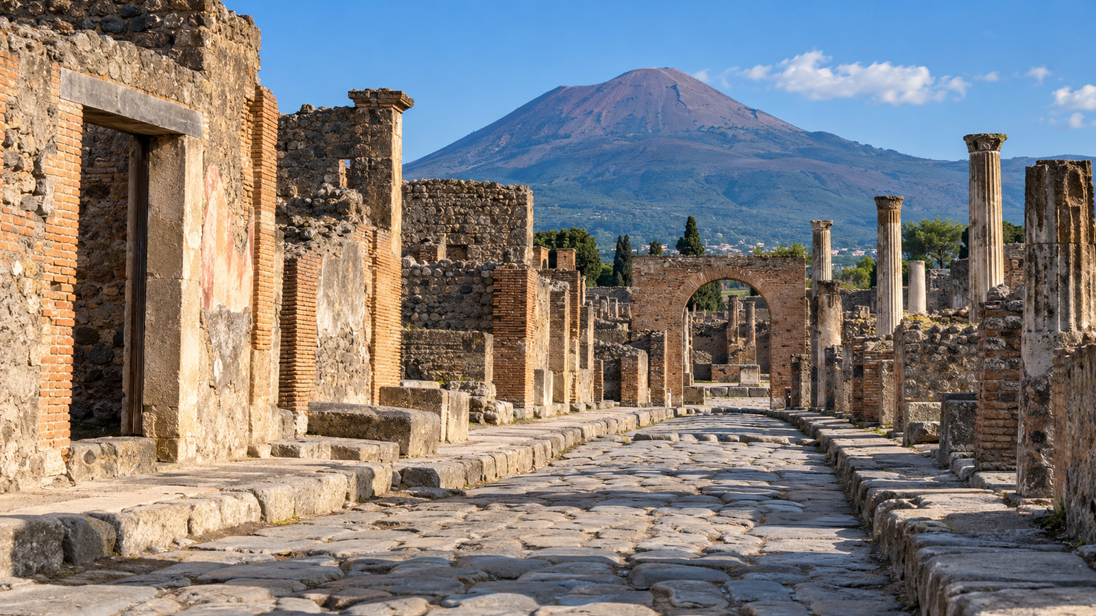 Travelers walking the crater trail at Mount Vesuvius above the Bay of Naples