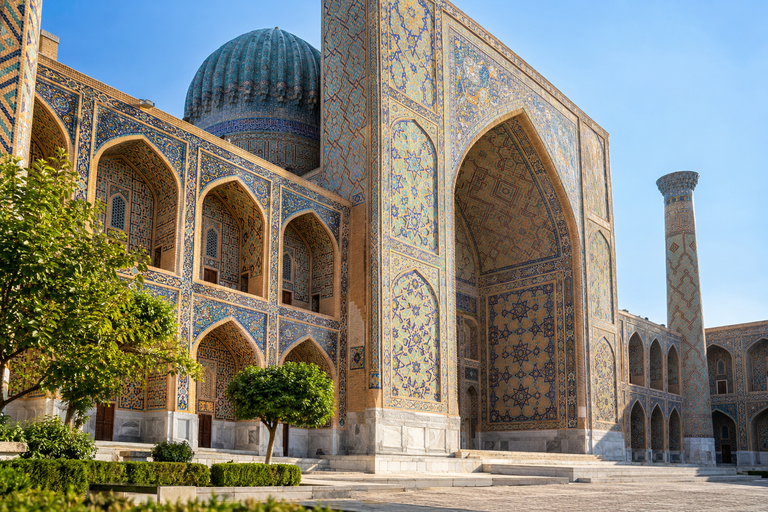 Madrasa courtyard tilework and portal at Registan in Samarkand
