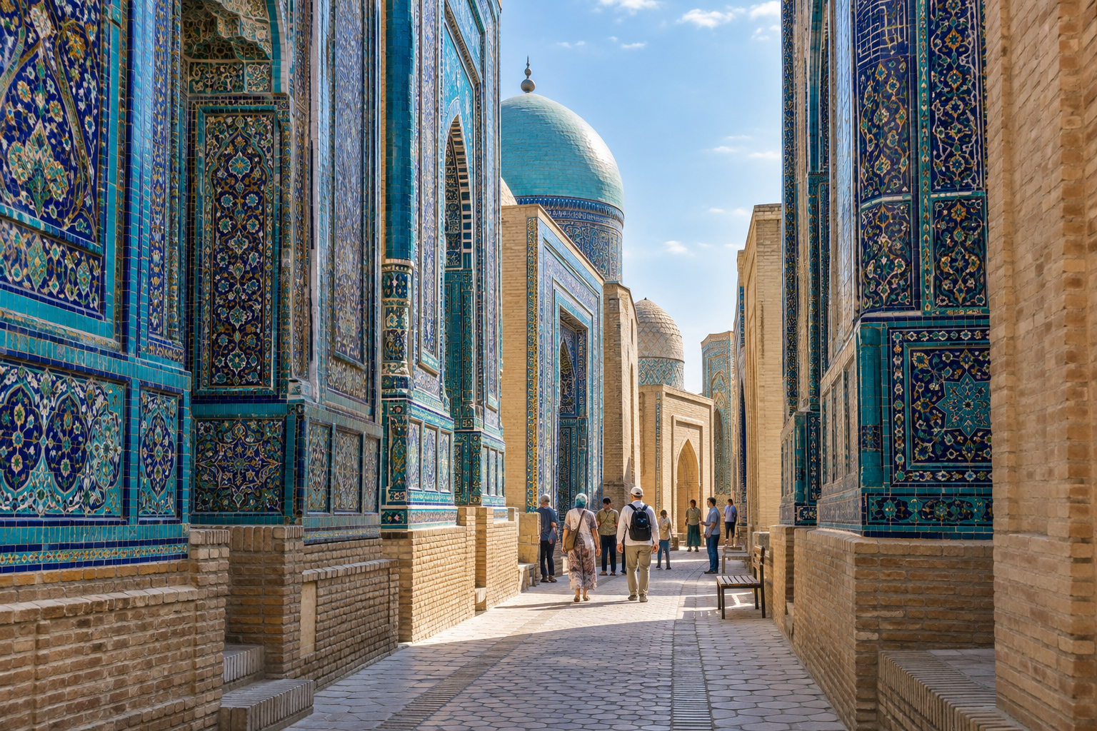 Narrow corridor between blue tiled mausoleum portals at Shah-i-Zinda