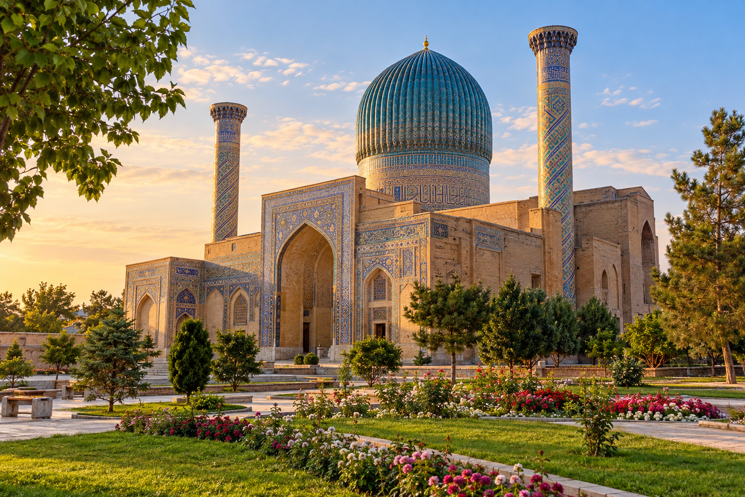 Ribbed turquoise dome and tiled entrance of Gur-e-Amir mausoleum