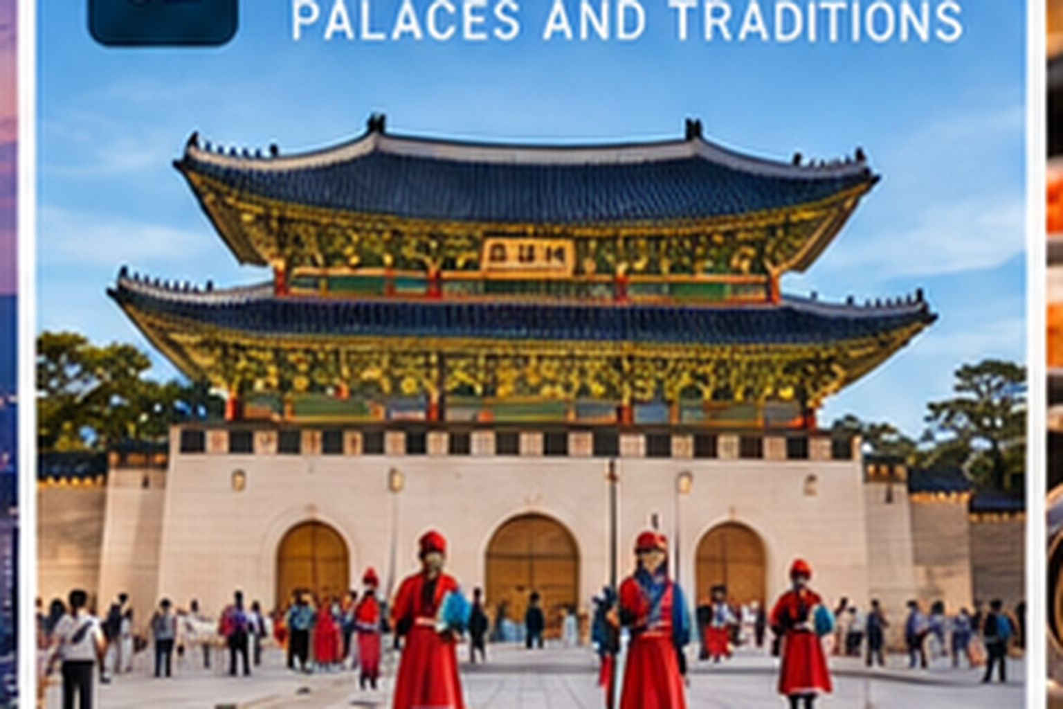 Traditional Korean palace courtyard in Seoul with visitors and ornate architecture