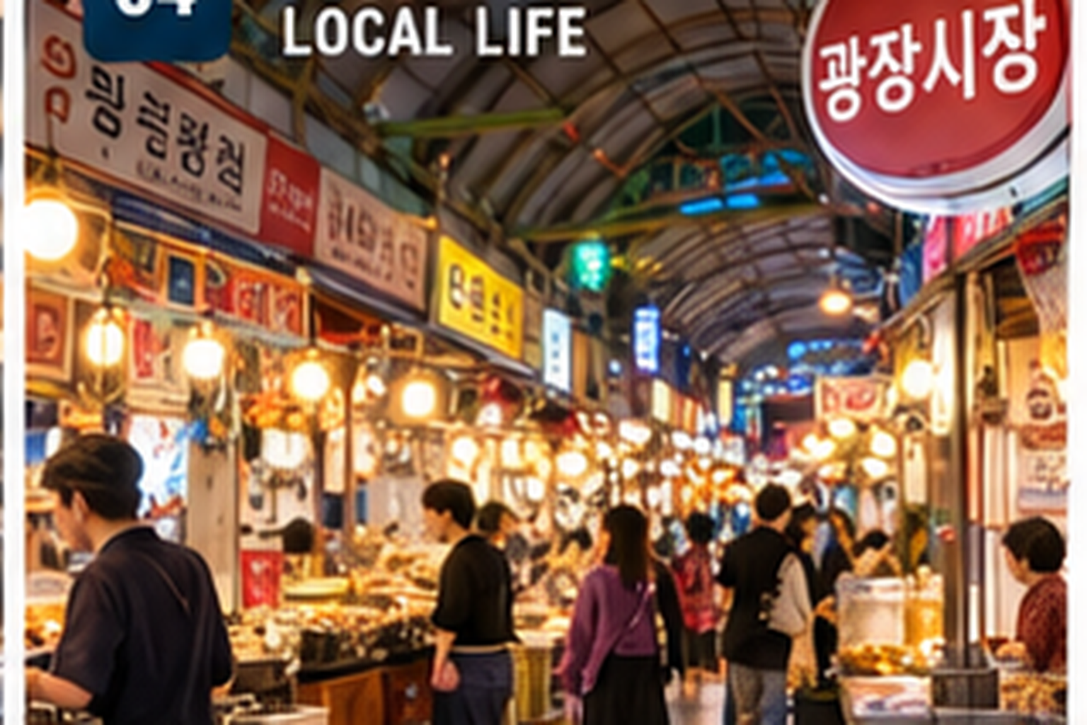 Busy Seoul food market with glowing stalls, diners and Korean street food