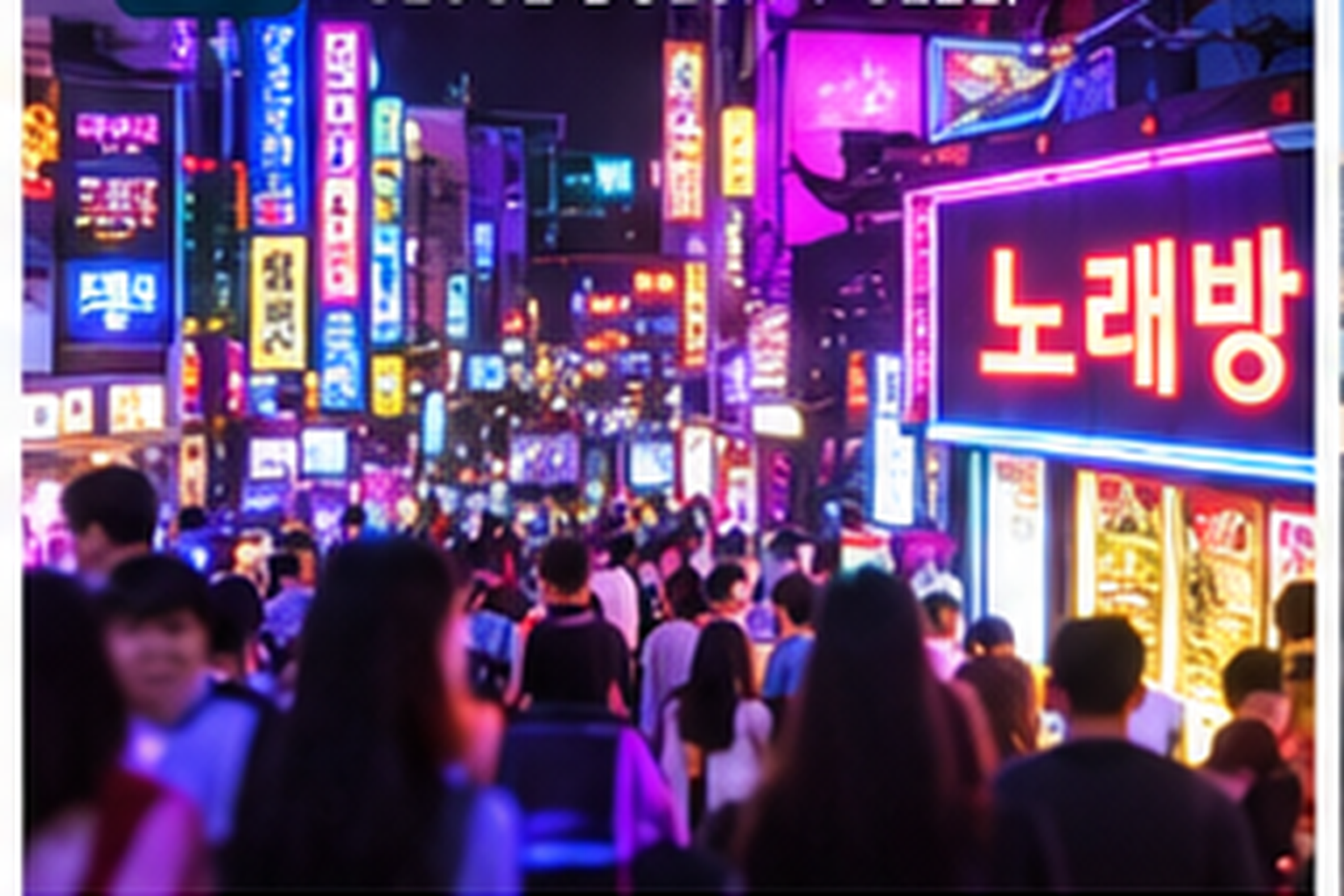 Neon nightlife street in Seoul with karaoke signs and evening crowds