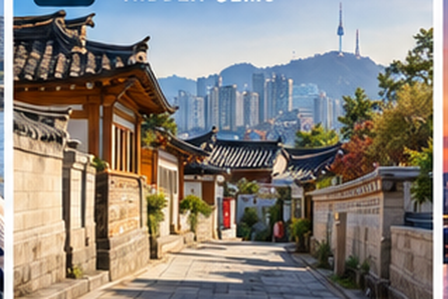 Traditional hanok lane in Seoul with tiled roofs and modern skyline beyond