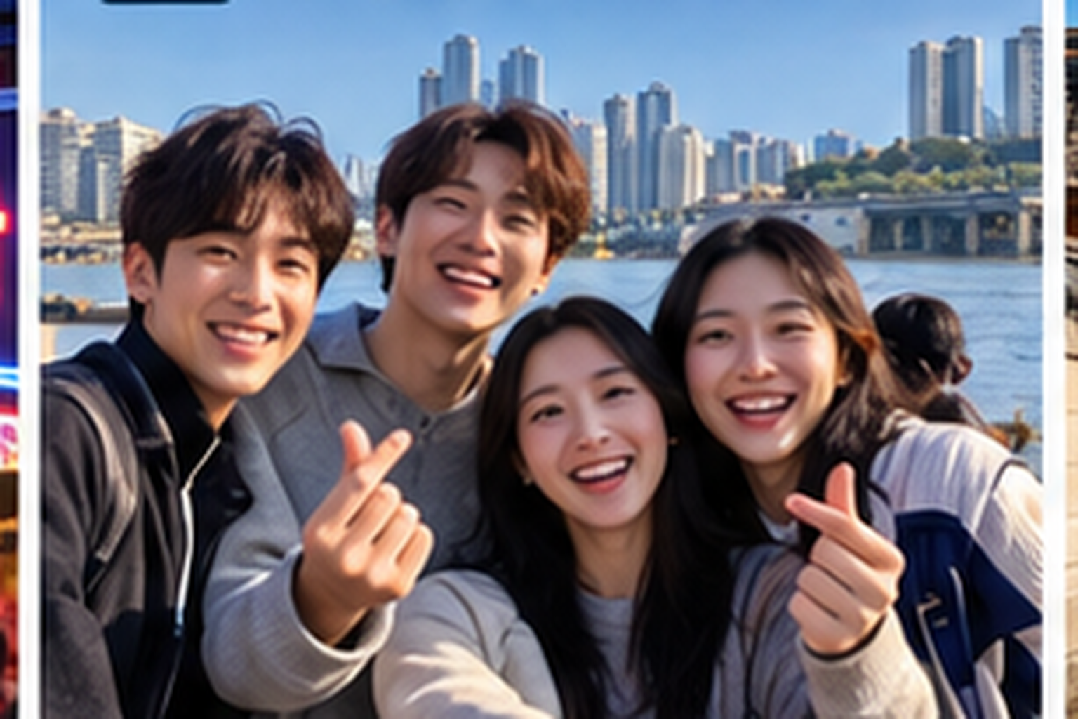 Friends enjoying an evening beside the Han River with Seoul skyline behind them