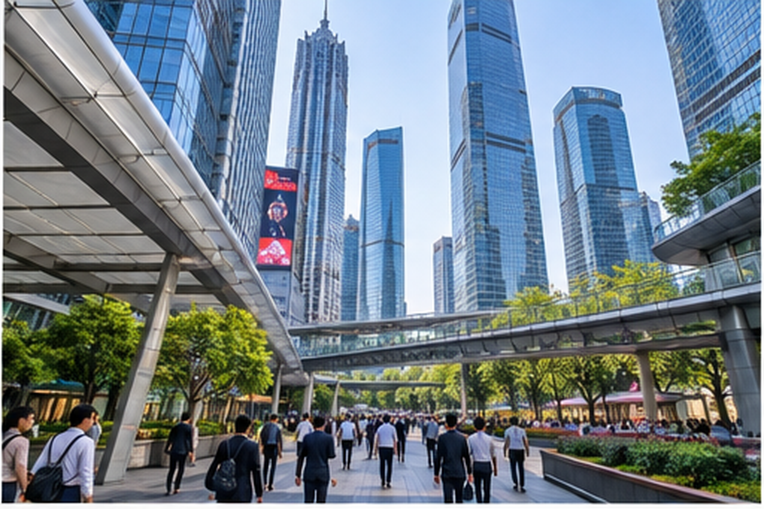 Modern pedestrian district among Shanghai skyscrapers