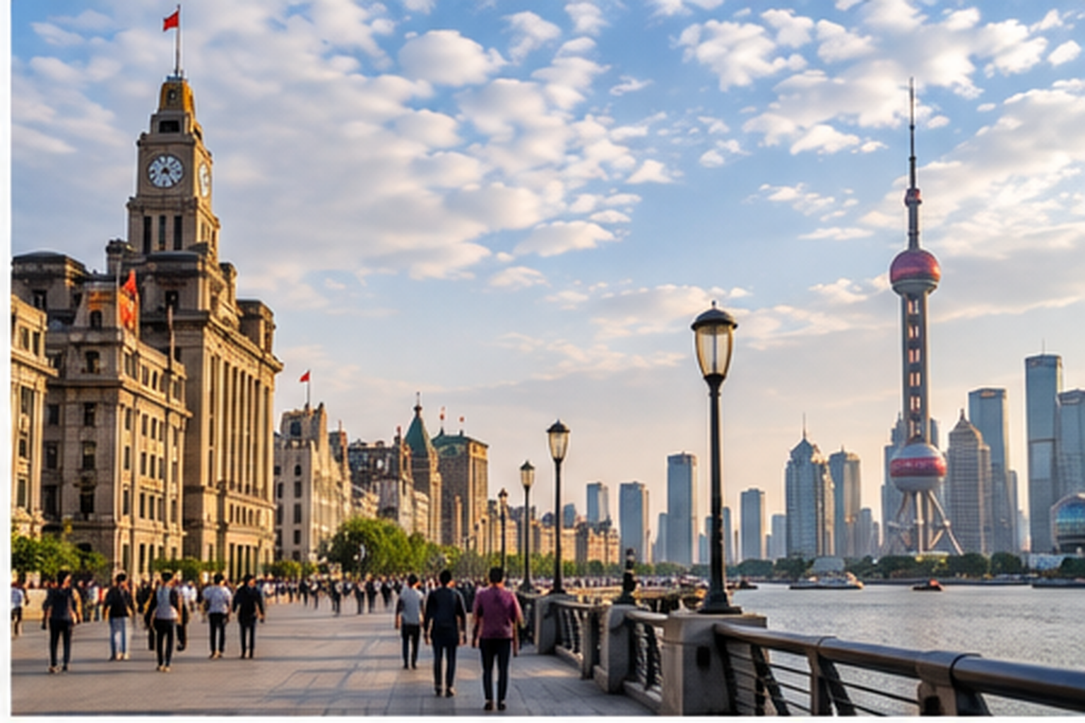 The Bund promenade facing the Pudong skyline in Shanghai