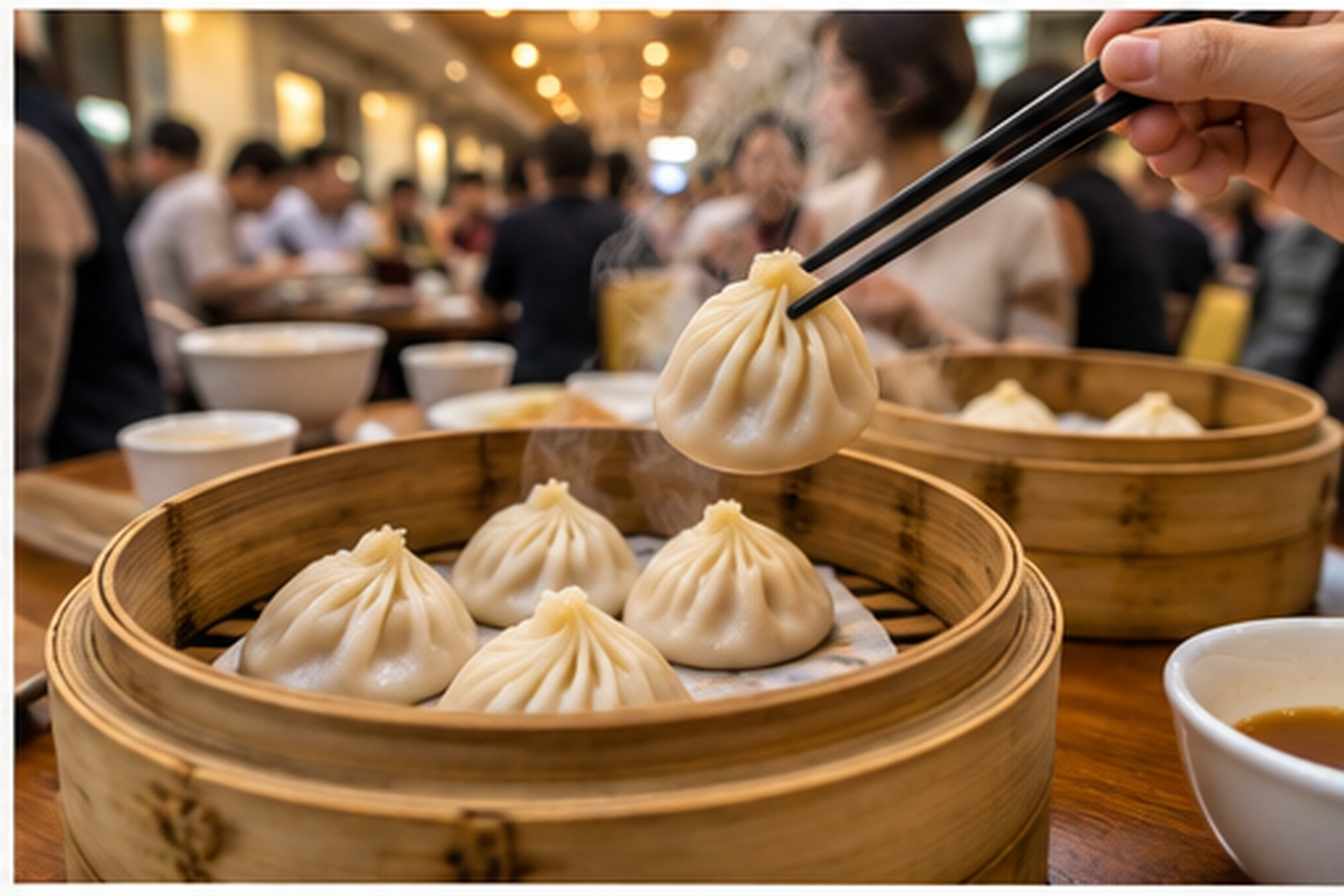 Shanghai xiaolongbao soup dumplings in a bamboo steamer