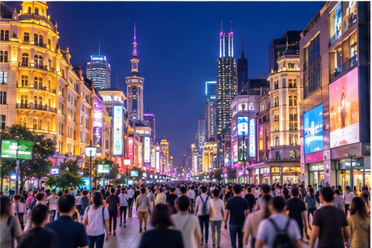 Busy illuminated shopping street at night in Shanghai