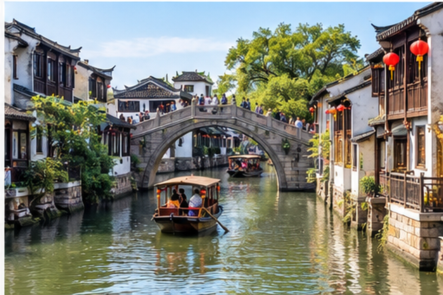 Canal, stone bridge and traditional buildings in a Shanghai-area water town
