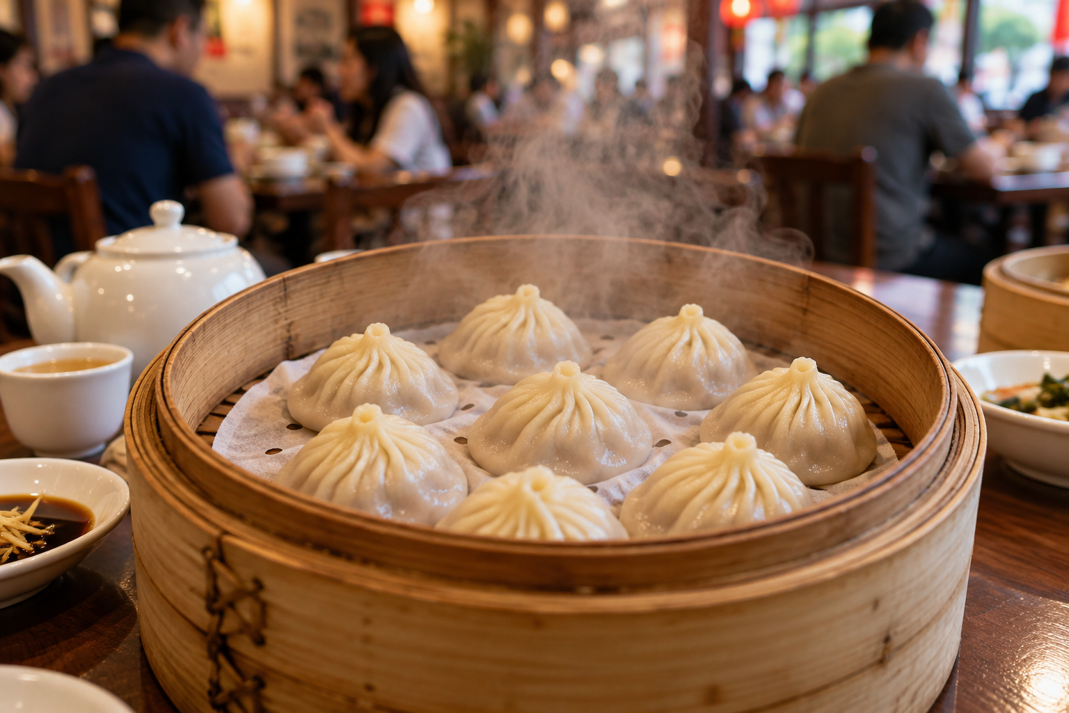 Steaming soup dumplings in a bamboo basket at a Taipei restaurant