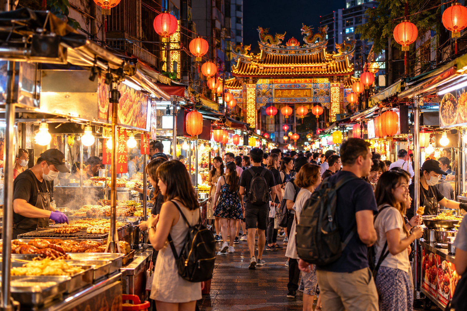 Food stalls and visitors at Raohe Street Night Market in Taipei