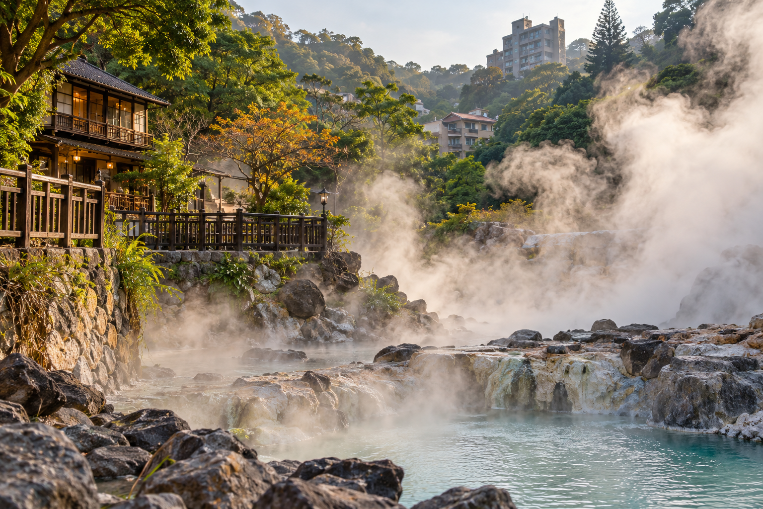 Steam rising in the green hot spring landscape of Beitou