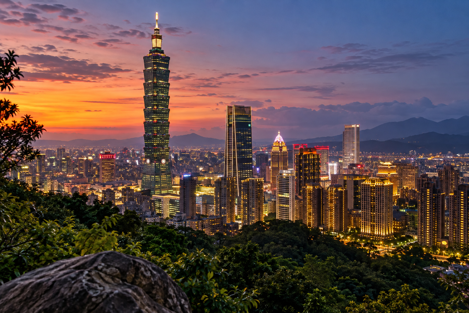 Taipei skyline and Taipei 101 seen from Elephant Mountain at dusk