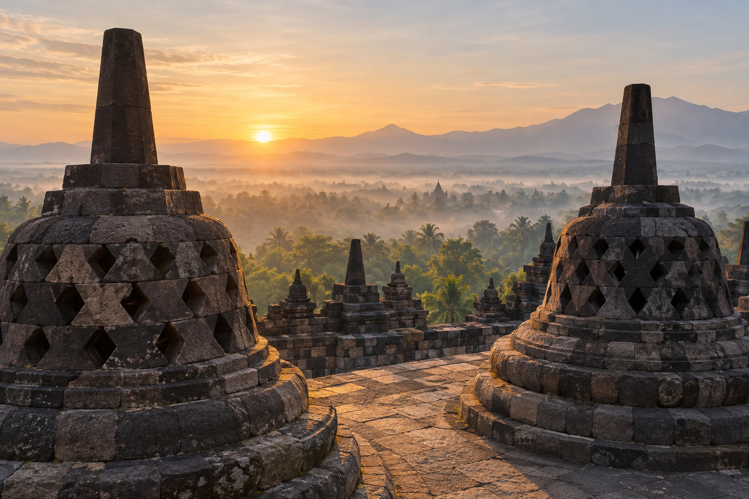 Borobudur stone stupas above misty Central Java hills at dawn
