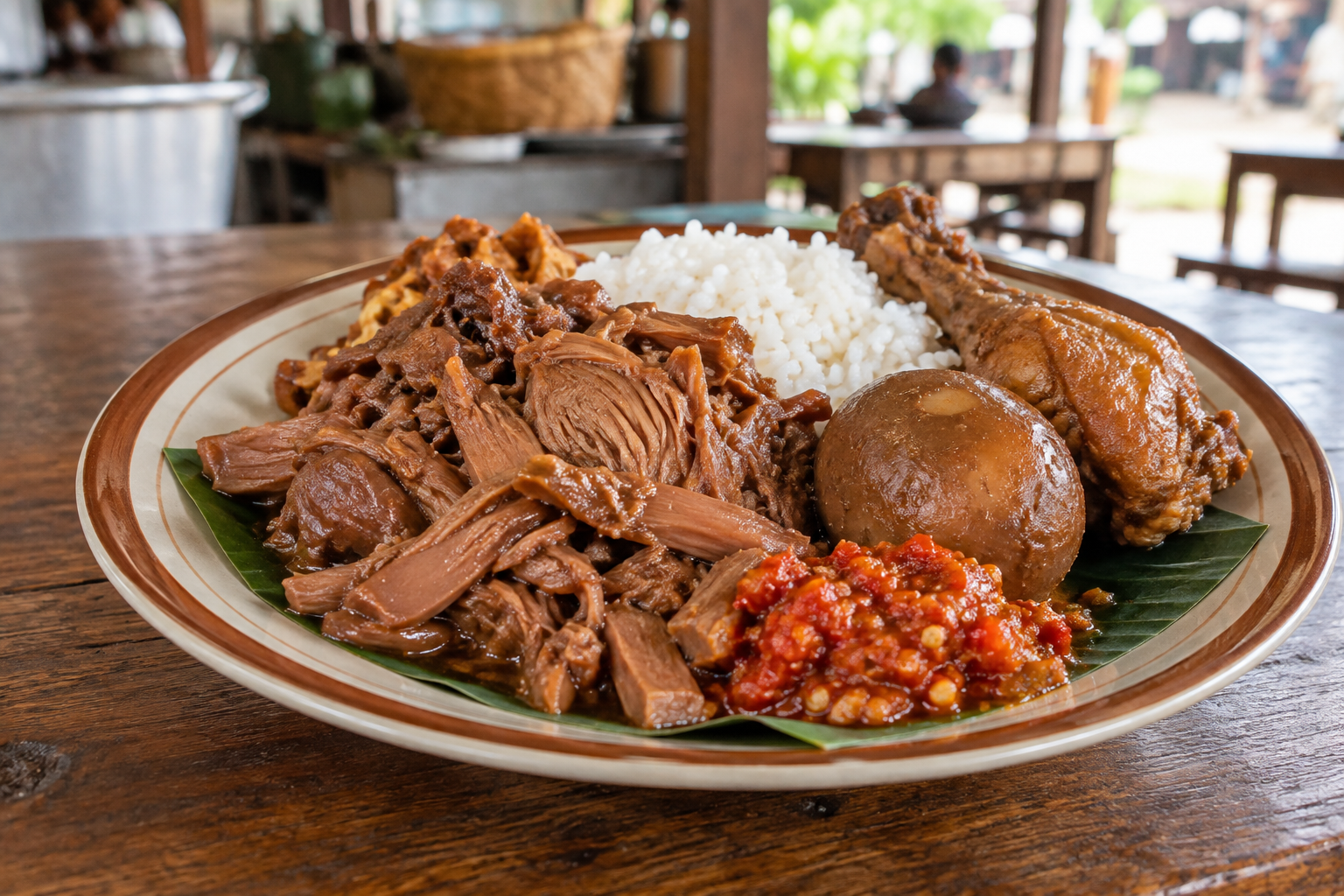 Traditional Yogyakarta gudeg with rice egg chicken and sambal at a warung