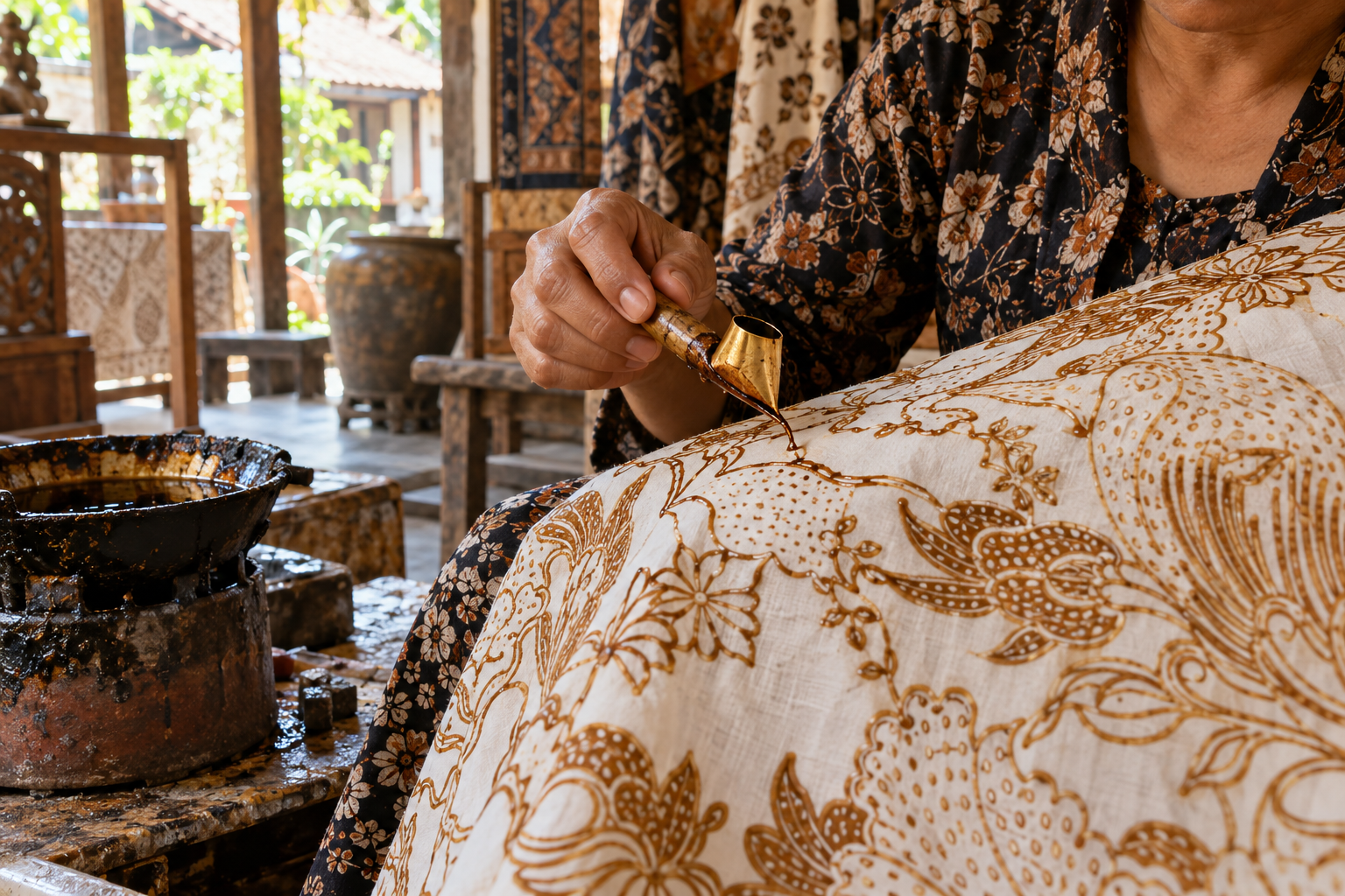 Javanese batik artisan applying wax with a canting pen in a Yogyakarta workshop