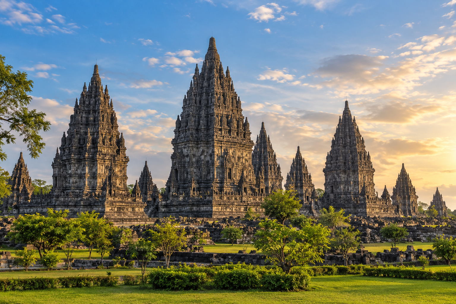 Tall carved stone Hindu temple towers at Prambanan in afternoon daylight