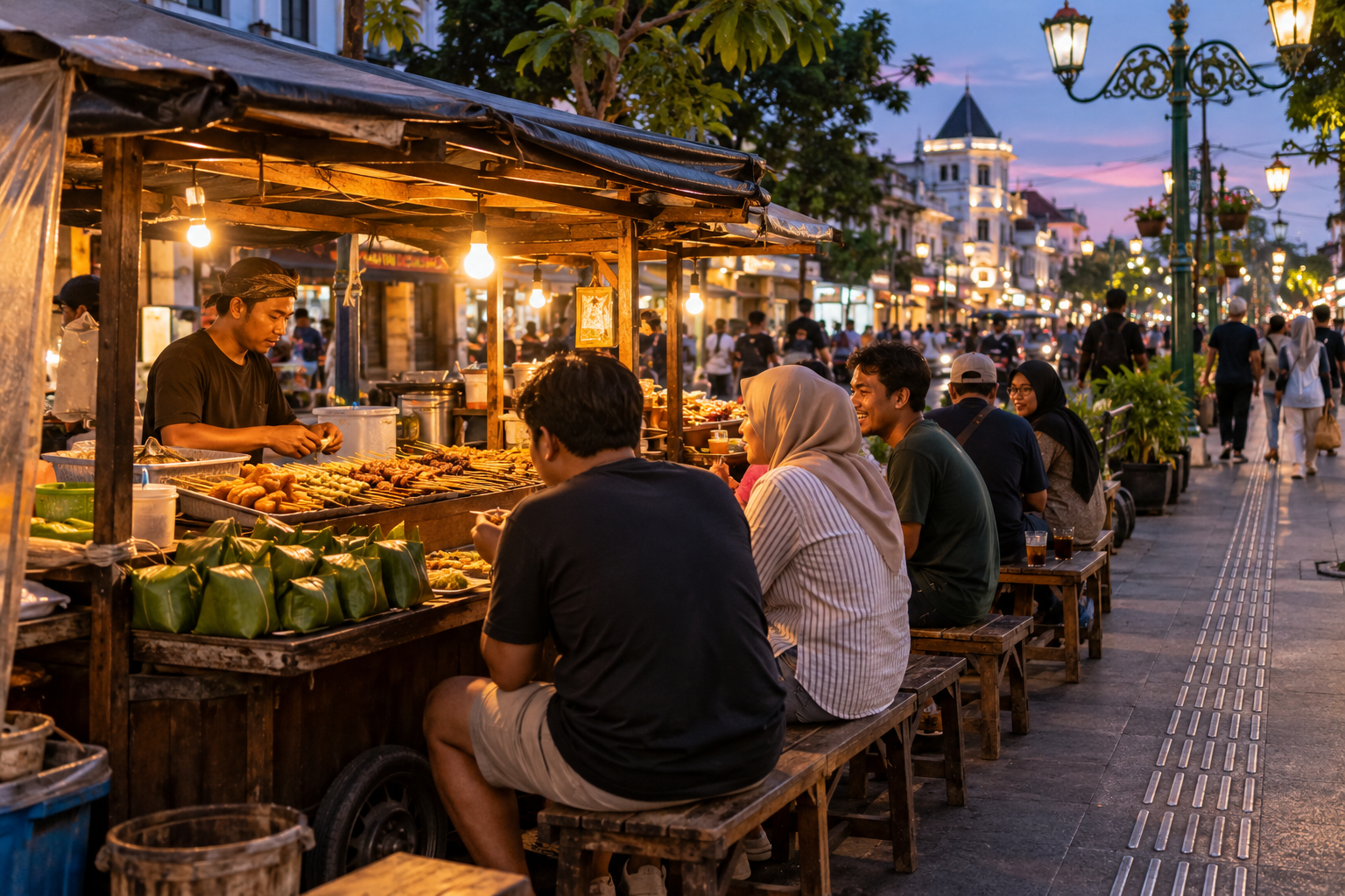 Yogyakarta angkringan stall with banana leaf rice packets and satay at early evening